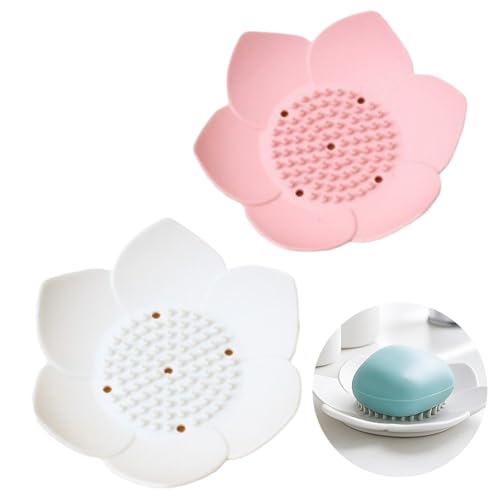 2-Pack Silicone Lotus Soap Holder with Drainage - White and Pink
