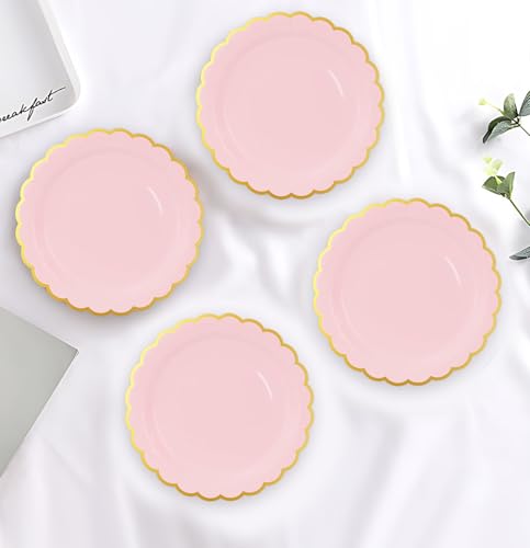 50 Light Pink Scalloped Paper Plates with Gold Foil - 7 Inch Disposable Dinner Plates for Parties