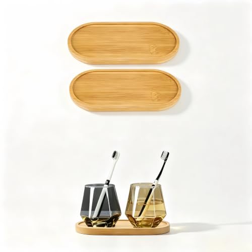 Bamboo Vanity Tray Set - 2-Pack Natural Wood Bathroom Organizer (6.88" x 3.46")