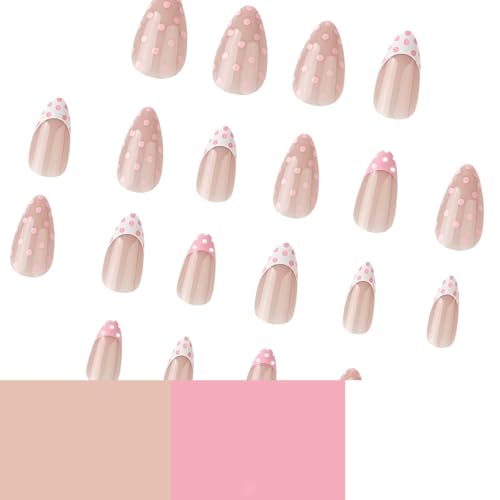 Pink French Polka Dot Press on Nails Medium Almond Fake Nails 24Pcs