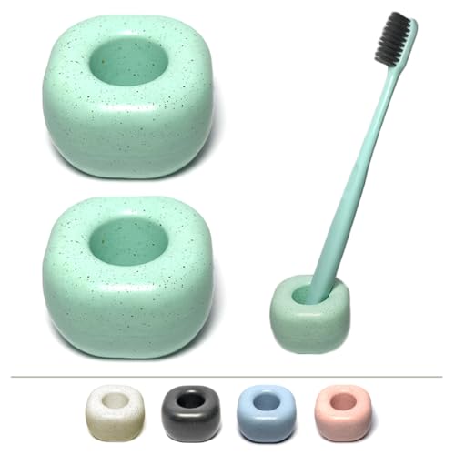 ABAZANA Green Matte Ceramic Mini Toothbrush Holder - Pack of 2, Compact & Quick Drying