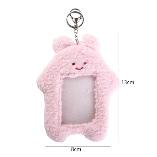 Pink Cute Plush Photocard Holder with Keychain Cartoon Animal Photo Sleeve