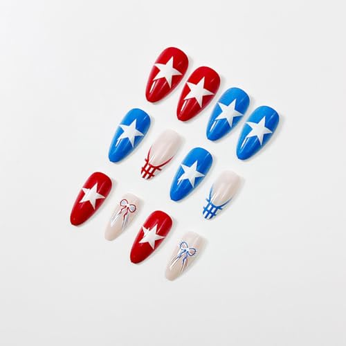 Sutaozhi 4th of July Press on Nails Medium Almond French Tip False Nails