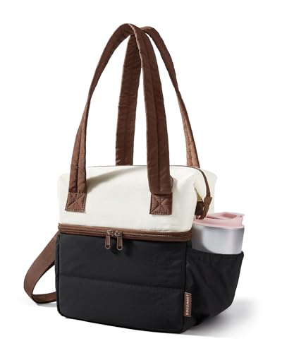 BAGSMART Double Deck Insulated Lunch Bag, Quilted Puffer Tote (Beige + Black)