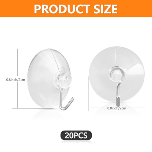 20 Pack Mini Clear Suction Cup Hooks 0.8 Inch with Metal Hooks - Reusable, No Damage