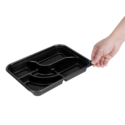 Restaurantware-Bento Tek 26.2 Ounce Meal Prep Containers, 50 Disposable To Go Food Boxes - Lids Sold Separately, 5 Compartments, Black Plastic Bento Lunch Boxes, Microwavable, Freezable