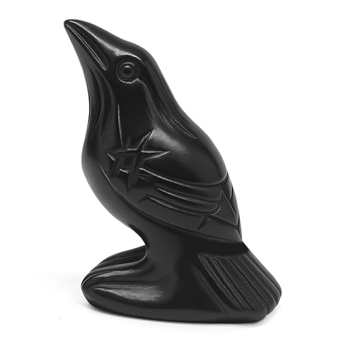 Natural Black Obsidian Raven Statue, 2-Inch Hand-Carved Crow Figurine