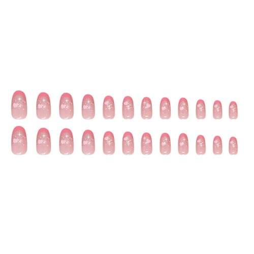 Pink Almond Press On Nails with Heart Star Design - 24Pcs Glossy French Tip