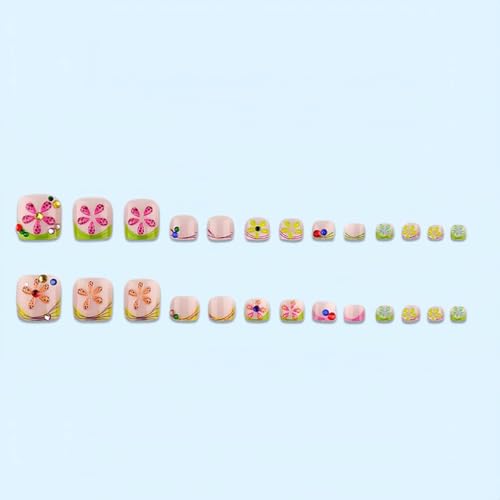 French Tip Press On Toenails Short Square 3D Flower Rhinestone