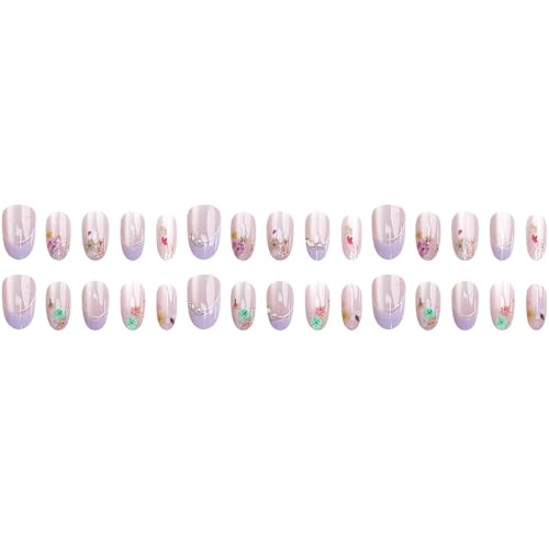 Light Purple Short Oval Press on Nails French Tip with Glitter Diamonds