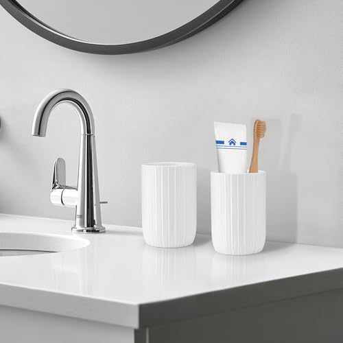 UHEY HOME Ceramic Bathroom Tumbler, 12.6oz Stripe White Toothbrush Holder