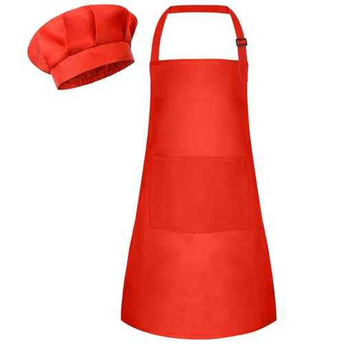 Kids Apron and Chef Hat Set - Adjustable Red Children's Baking Outfit