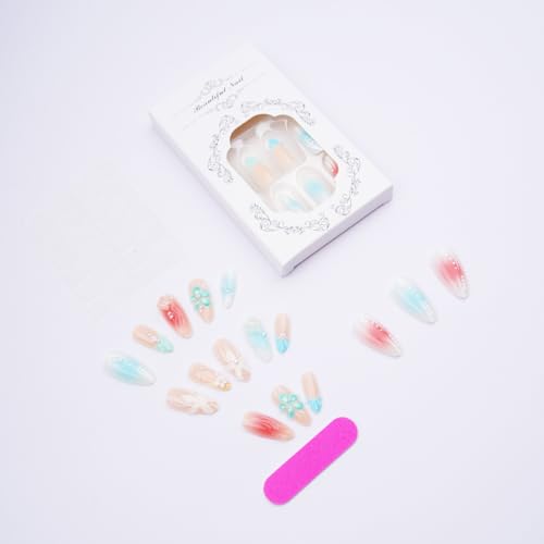 Blue French Tip Press On Nails Medium Almond Summer Fake Nails