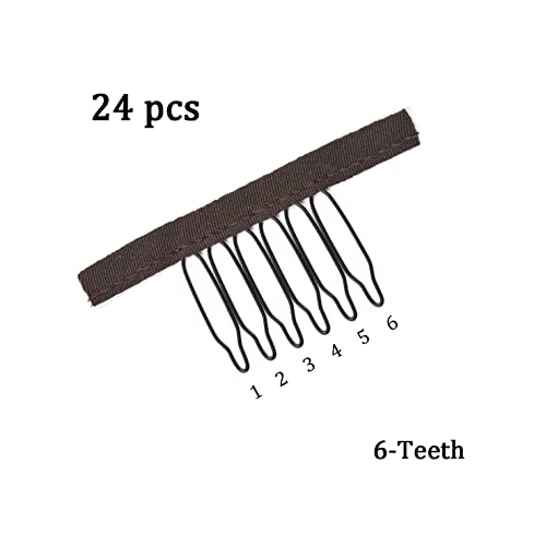 24 Pcs Wig Combs 6-Teeth Metal Wig Cap Clips Secure Hair Extensions Dark Brown