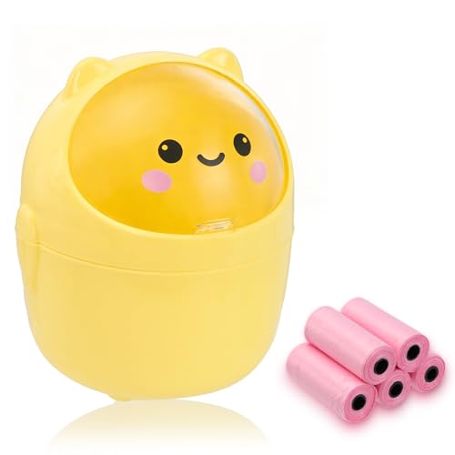 Cute Mini Trash Can with Lid - Portable Desktop Wastebasket, Yellow