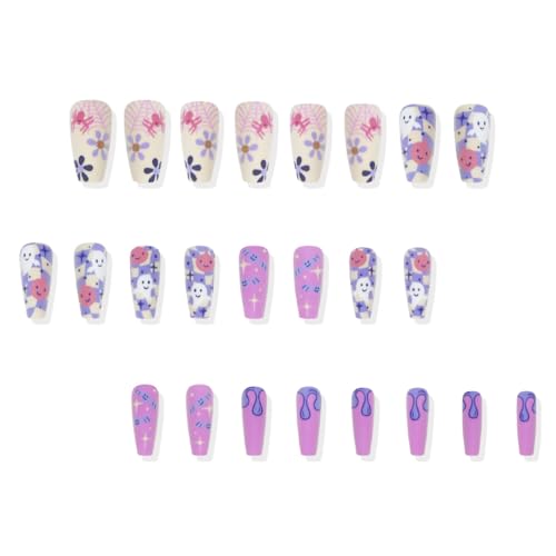 Ghost Press on Nails Long Coffin Glossy Pink Halloween False Nails 24Pcs