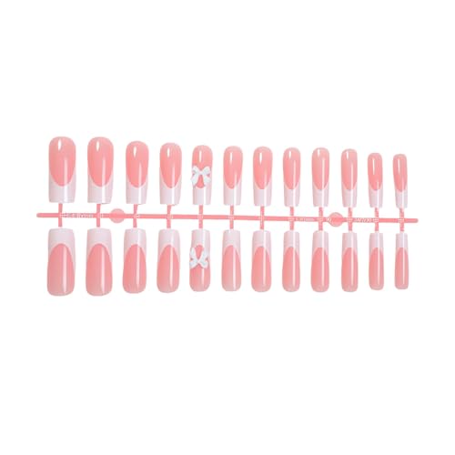 White French Tip Press On Nails with 3D Bow Knot Glossy Pink