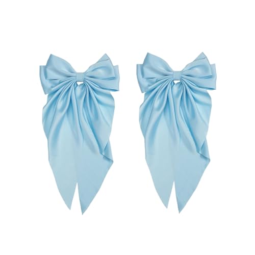 Light Blue Jumbo Silky Satin Hair Bow Barrettes with Long Tails (2-Pack)