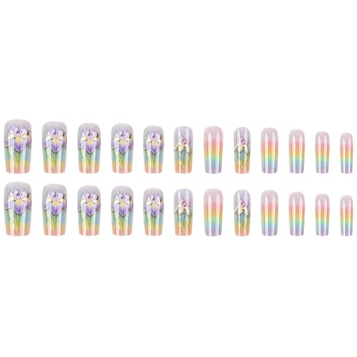 Pastel Rainbow Floral Press On Nails Medium Square Reusable Set