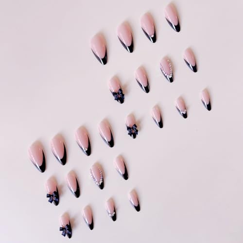 French Tip Black Almond Press On Nails with 3D Bow and Rhinestones
