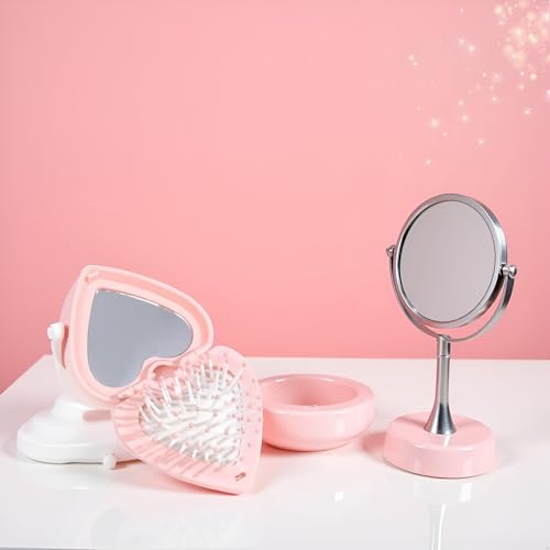 Heart Shape Folding Hair Brush with Mirror Compact Travel Pink