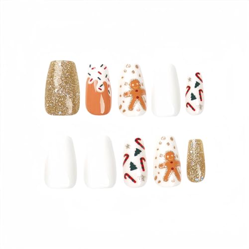 BFY Christmas Press on Nails Medium Coffin Glossy False Nails with Gold Glitter Gingerbread Man Design 24 Pcs