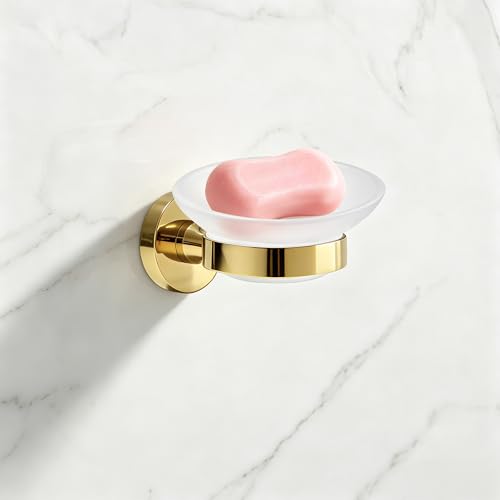 Wall Mounted Glass Soap Holder with Gold Stainless Steel Bracket