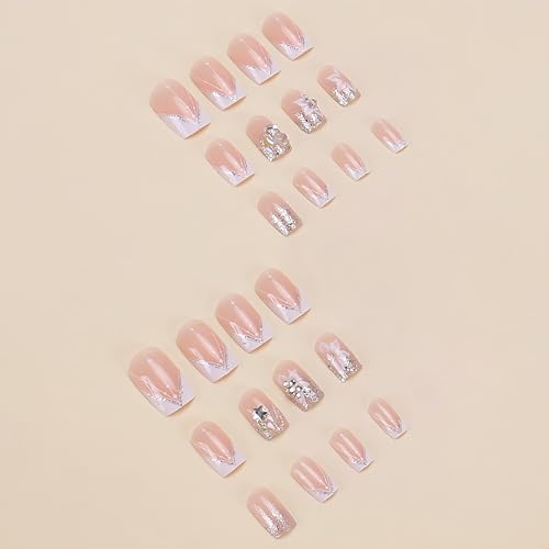 French Tip Press on Nails Short Square White Flower Star Glitter
