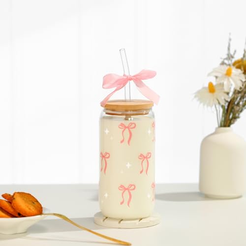 Coquette Pink Bow Glass Cup - 16oz Aesthetic Tumbler with Lid and Straw