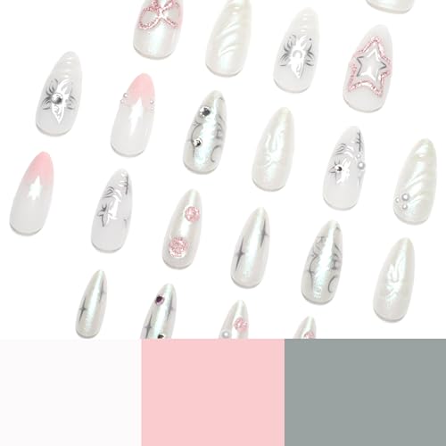 Medium Almond Press on Nails with Bow Star Pearl and Rhinestone Designs - 24 Pcs Acrylic Fake Nails