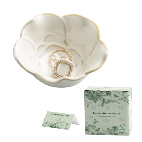 Mecaikru White Ceramic Flower Jewelry Dish - 3.5 in Ring Tray with Gift Box
