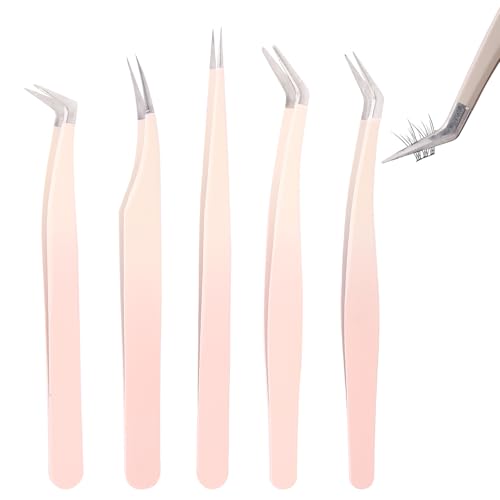 5 Pcs Lash Extension Tweezers Set - Stainless Steel Straight and Curved Tools