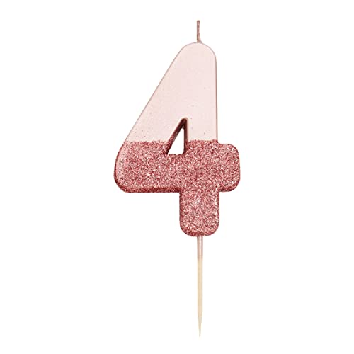 Rose Gold Glitter Number 4 Birthday Candle - 3” Tall Cake Topper