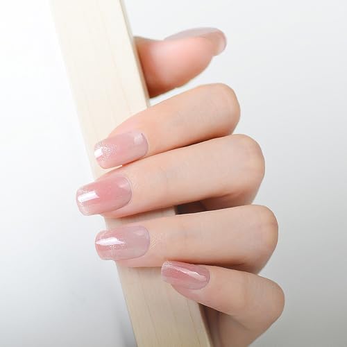 WOKOTO Semi Cured Gel Nail Strips Transparent Pink Cat Eye UV Wraps