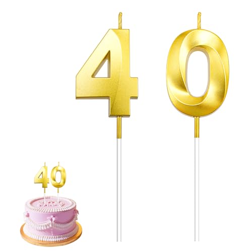 Karyllena 40th Birthday Candles - Gold Number Cake Topper, 2 Pcs