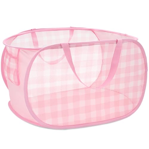 Sturdy Collapsible Laundry Basket with Pocket - Foldable Hamper for Kids Room, Dorm, and Travel - Check Print, Pink