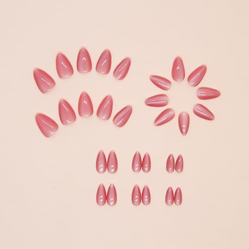 Cat Eye Press on Nails Medium Almond Rose Red French Design 24Pcs