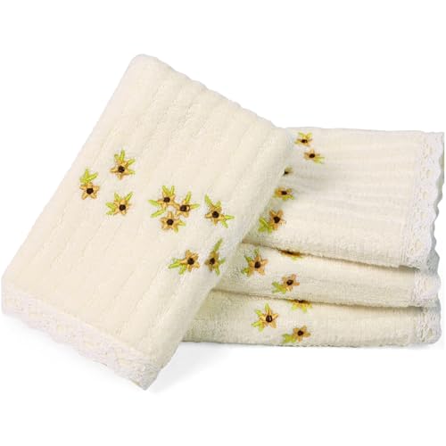 Jacquotha Floral Embroidered Wash Cloths - Cream 4 Pack for Face & Body