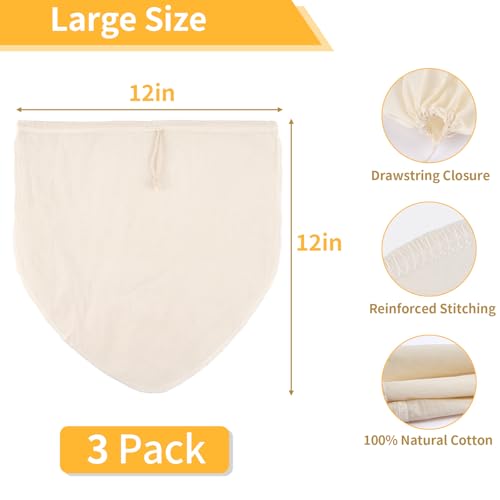 12x12 Inch Nut Milk Bags - 3 Pack Reusable Cheesecloth for Straining