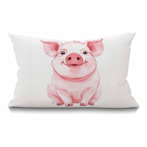 Smooffly Watercolor Pig Throw Pillow Cover, 12x20 Inch Cotton Linen Cushion