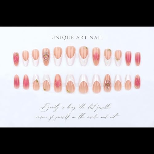 ZIFANHU Short Almond Press on Nails White French Tip with 3D Flower & Pearl