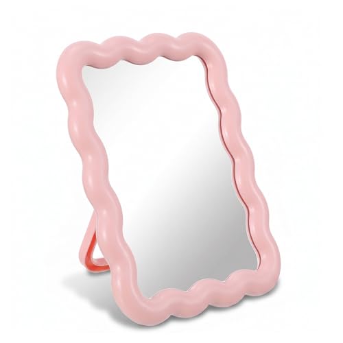 Wave-Shaped Pink Desk Mirror, Foldable Portable Makeup Mirror for Vanity