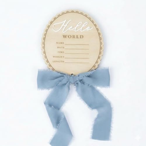 Bitaldi Blue Hello World Newborn Sign - 6 Inch Baby Birth Announcement with Bow, Nursery Decor & Photo Prop