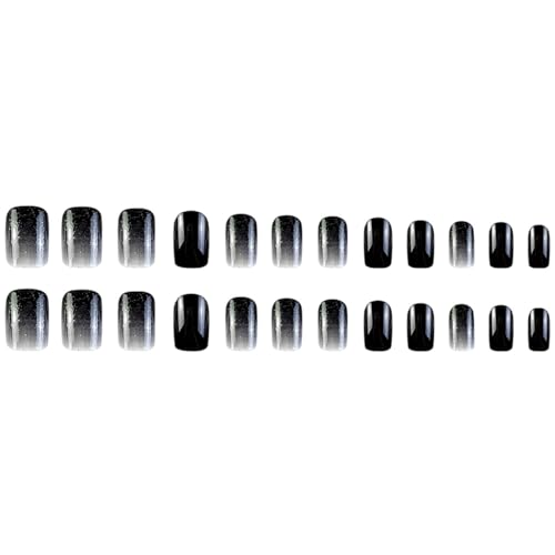 Short Square Press On Nails Black White Gradient Glitter False Nails 24Pcs