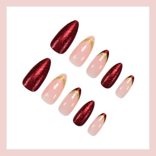 ZIFANHU Short Almond Press on Nails Red French Tip with Gold Glitter 24Pcs