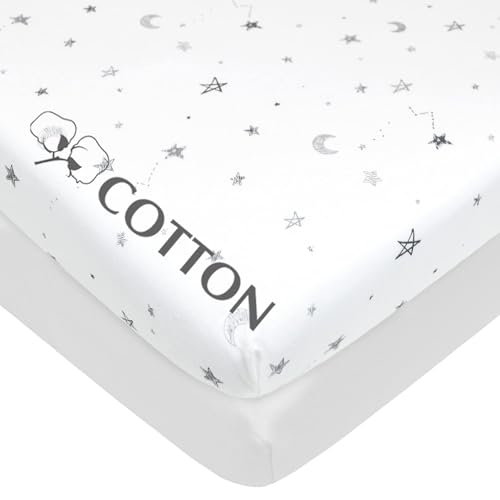 2 Pack Mini Crib Sheets - 100% Cotton, Gray Star & White, 38x24