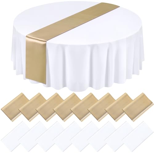 Tudomro 16 Pcs White and Gold Tablecloth & Satin Runner Set - Wedding & Party Decor