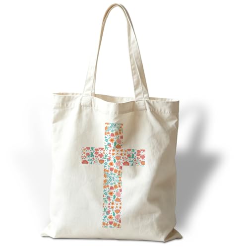 Christian Tote Bag Style 35 - Floral Cross Canvas Reusable Bag