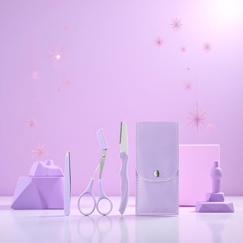 3 Pcs Purple Eyebrow Scissor Trimmer Razor with PU Leather Case