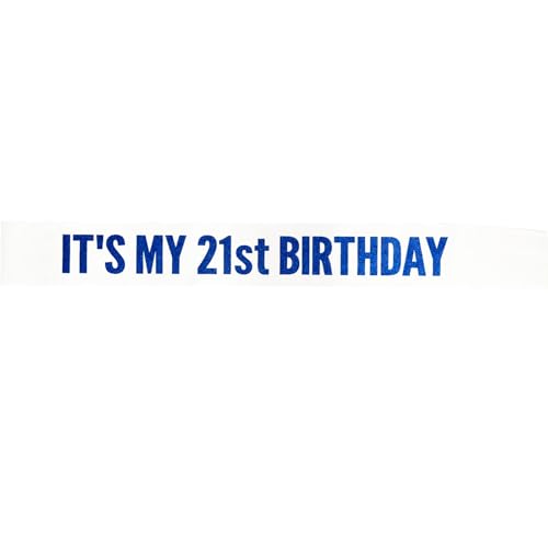 It's My 21st Birthday Satin Sash with Blue Glitter Letters White